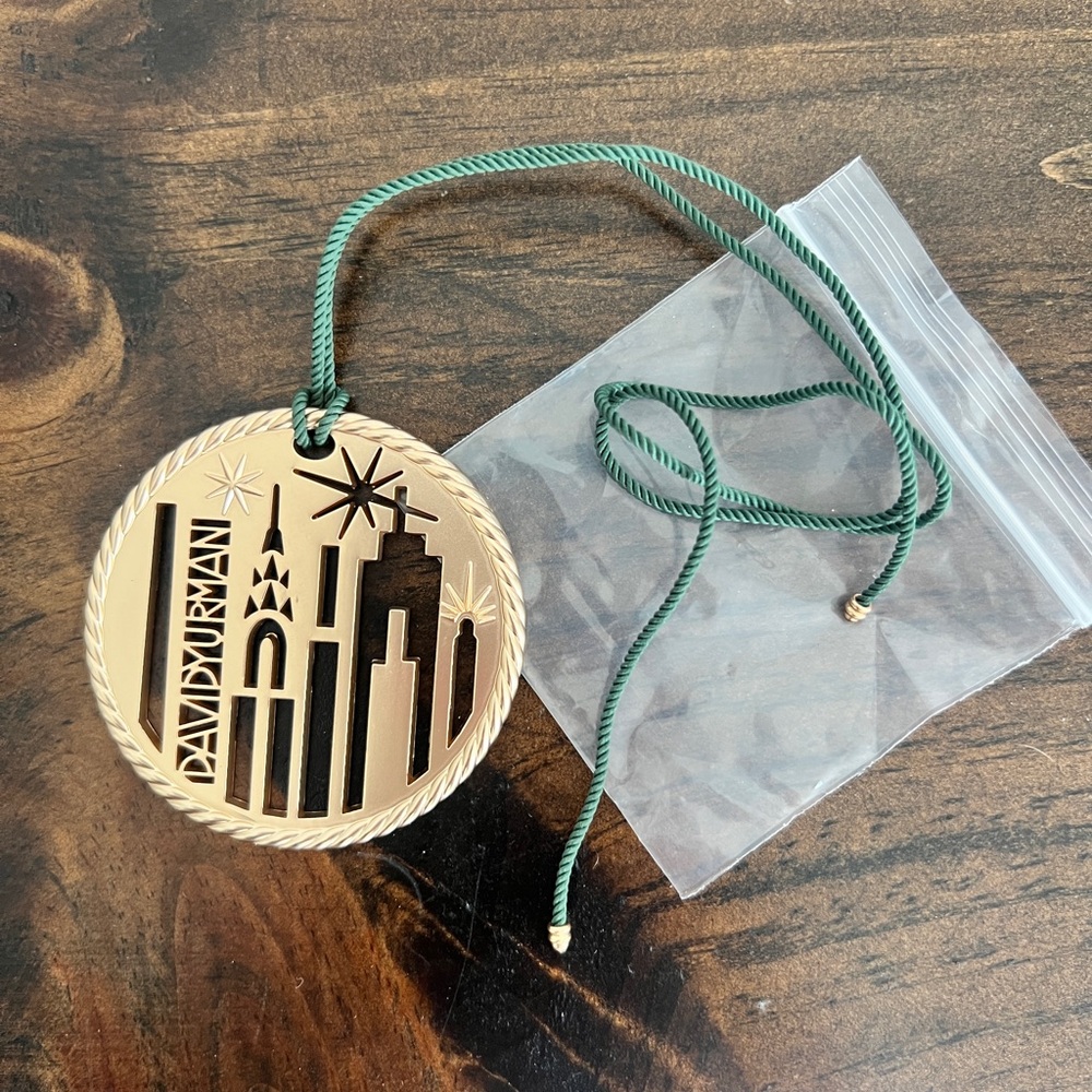 Gold Cityscape Ornament with Green Cord